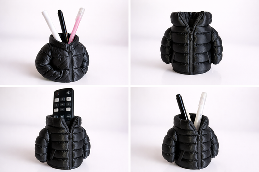 Long Black Puffer Jacket Desk Pen and Organizer