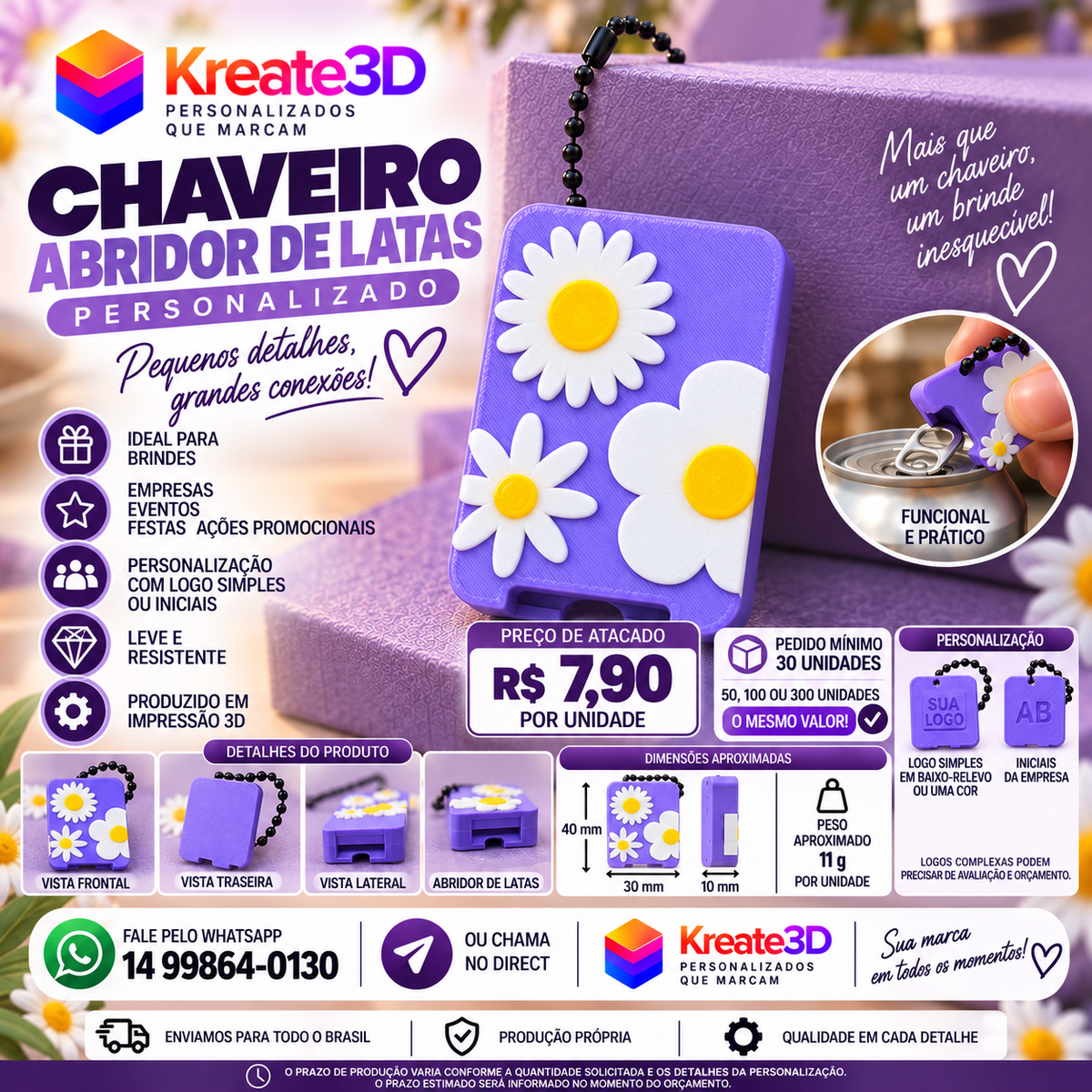 Chaveiro abridor de latinha flores Atacado 30 unidades mínima