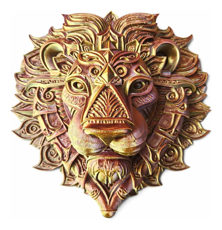 Escultura Leão De Parede Tricolor Premium Ouro Prata E Dou